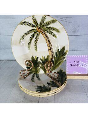 Tabletops THE ISLAND Palm Trees Smooth Hand Painted Ceramic Dinner Plates Set 4
